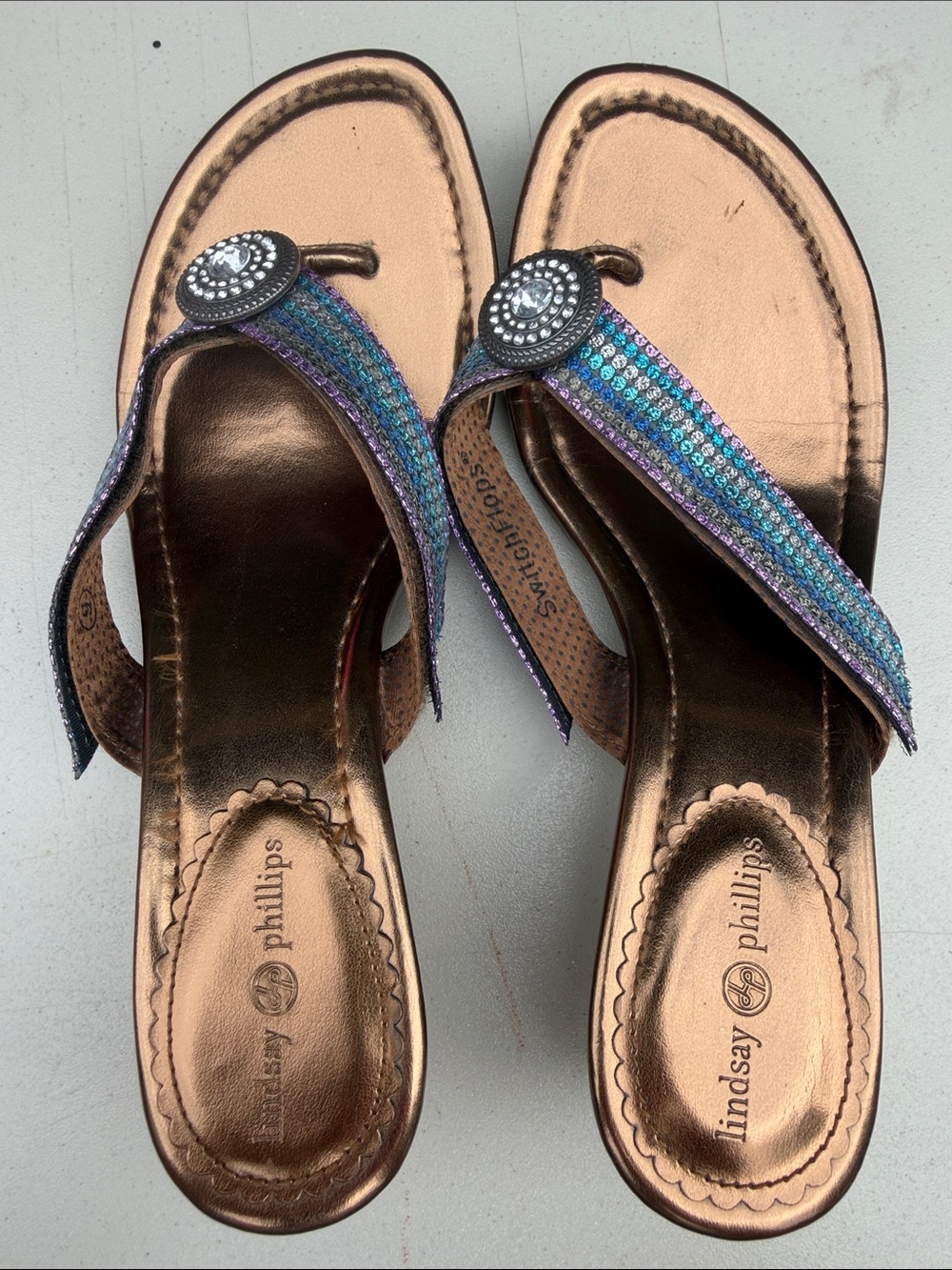 lindsay phillips Bronze Sandals with Blue and Purple Straps